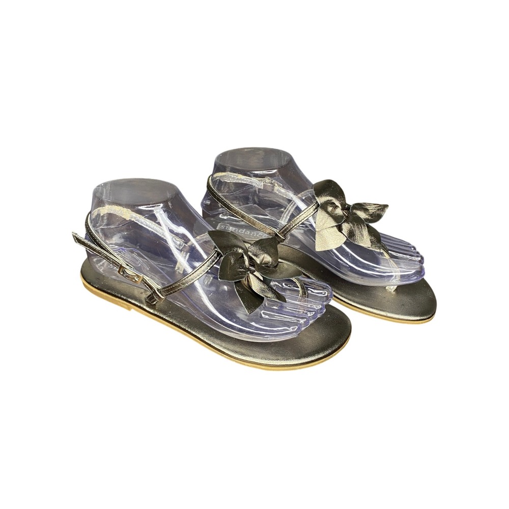 Sundance Metallic Gold Bow Thong Sandals Ankle Strap Flat Shoes Women Size 6.5-7